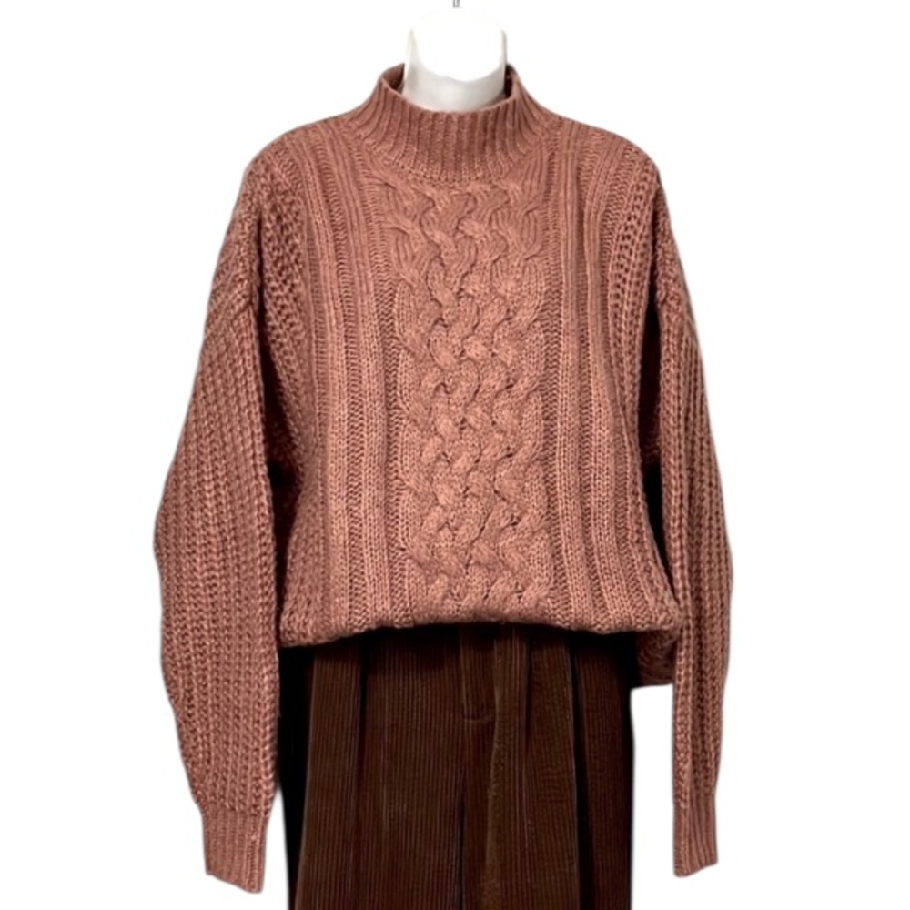 Long Sleeve Women’s Mock Turtleneck Terracotta Neutral Cable-knit Knit Sweater L